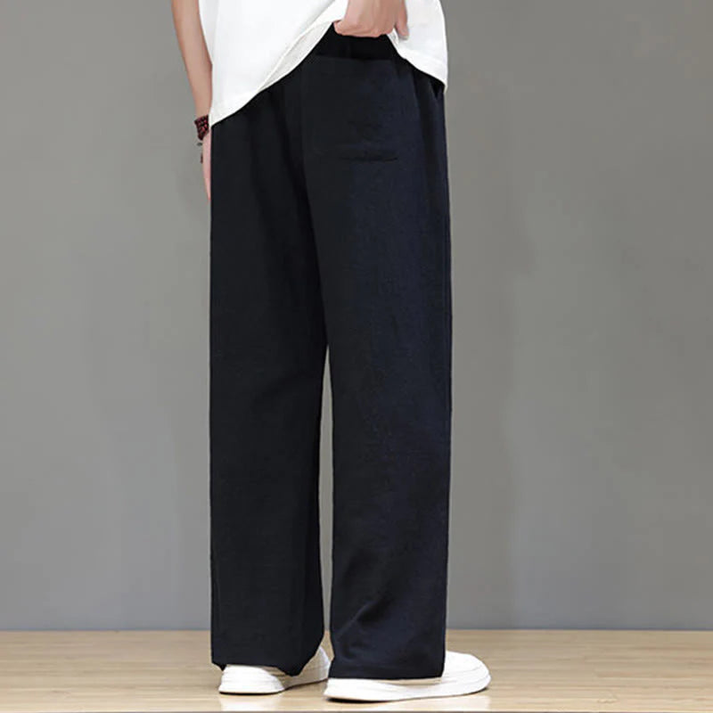 Buddha Stones Summer Men's Cotton Linen Straight Leg Pants With Pockets