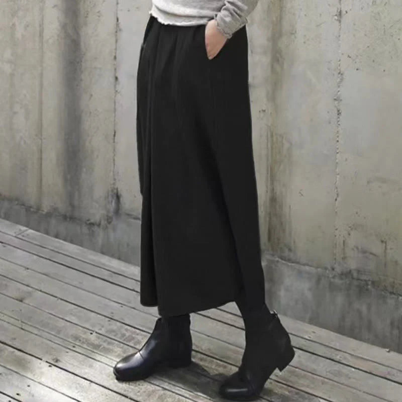 Buddha Stones Plain Elastic Waistband Design Women's 7-8 Length Wide Leg Pants With Pockets