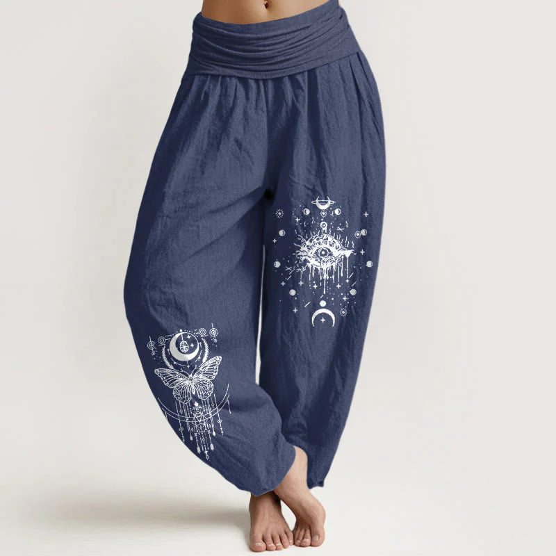 Buddha Stones Pure Cotton Minimalist Design Eye Moon Butterfly Pattern Women's Elastic Waist Harem Pants