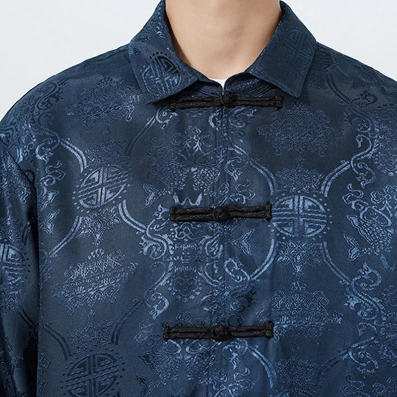 Buddha Stones Spring Jacquard Lapel Long Sleeve Men's Tang Suit Frog-Button Jacket With Pockets