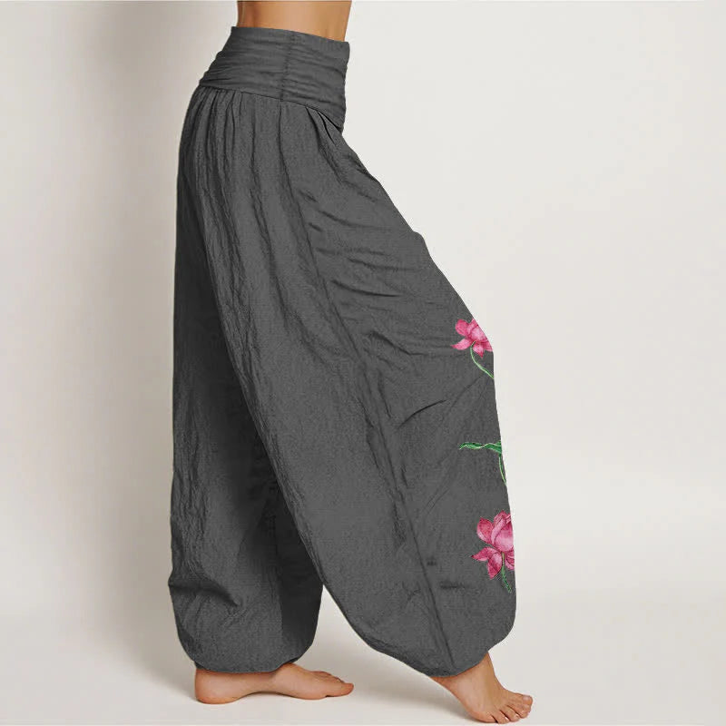 Buddha Stones Pure Cotton Lotus Flower Lotus Leaves Pattern Women's Harem Elastic Waist Pants