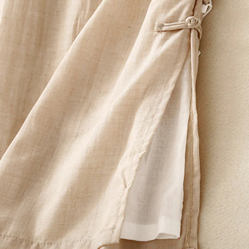 Buddha Stones Frog-Button Hem Slit Design Women's Wide Leg Cotton Linen Pants With Pockets