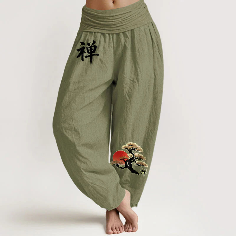 Buddha Stones Pure Cotton Simple Style Sun Pine Chinese Character Pattern Women's Elastic Waist Harem Pants