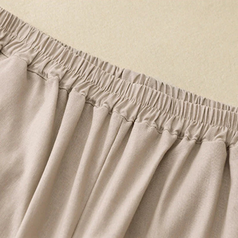Buddha Stones Plain Color Lace Stitching Cotton Linen Women's Wide Leg Pants With Pockets