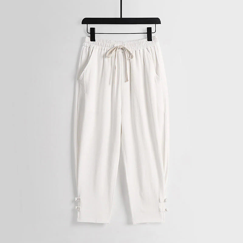 Buddha Stones Summer Drawstring Elastic Waist Frog-Button Ankle-Length Men's Cotton Linen Pants With Pockets