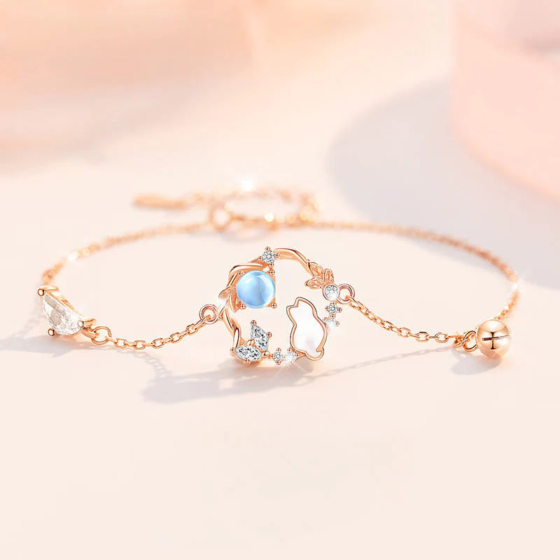Buddha Stones 925 Sterling Silver Cat Flower Blessing Earrings Bracelet Necklace Pendant