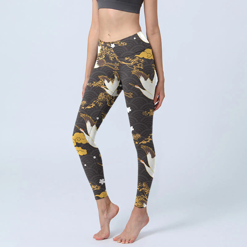 Buddha Stones Golden Auspicious Cloud Pine Branch Crane Wave Pattern Print Gym Leggings Women's Yoga Pants