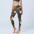 Buddha Stones Golden Auspicious Cloud Pine Branch Crane Wave Pattern Print Gym Leggings Women's Yoga Pants