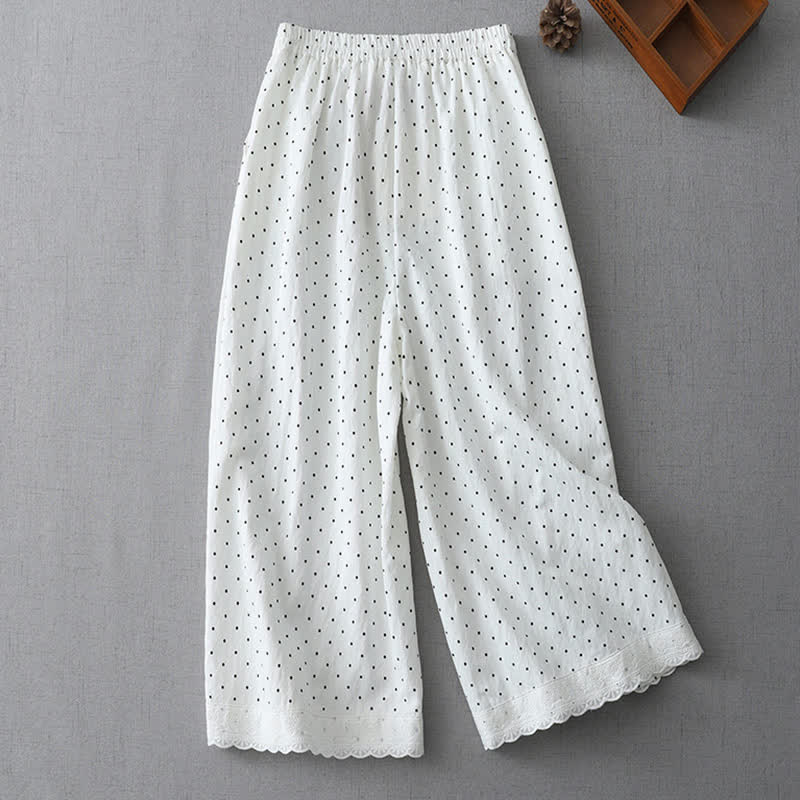 Buddha Stones Polka Dot Lace Patchwork Cotton Women's Wide Leg Capri Pants With Pockets