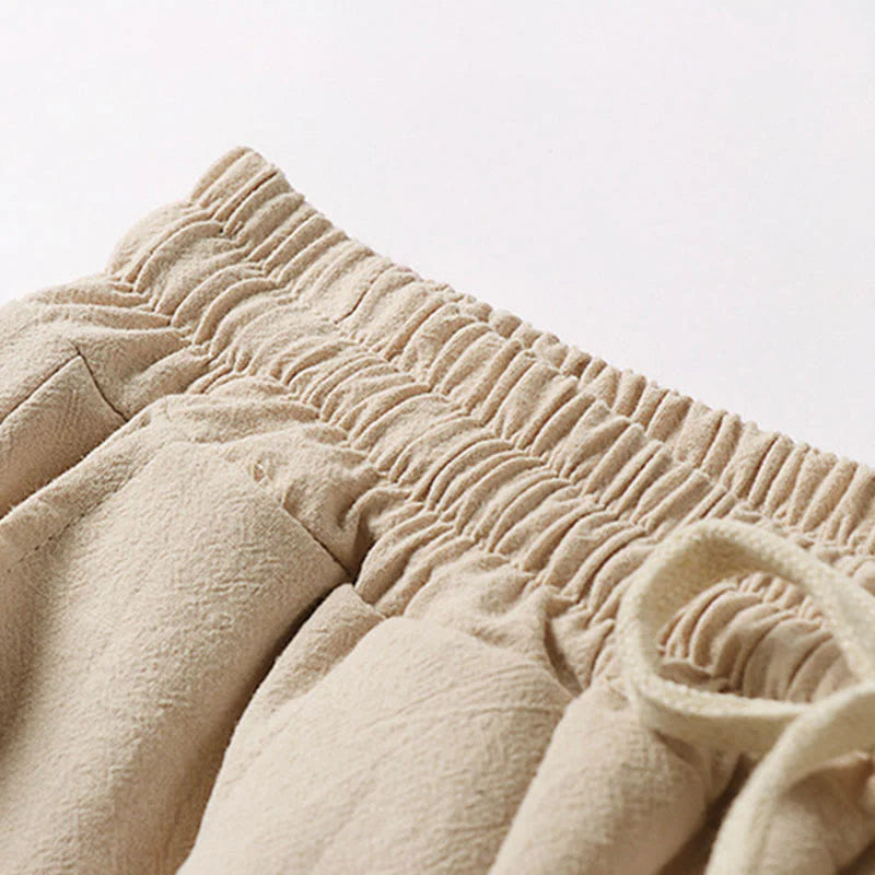 Buddha Stones Plain Drawstring Design Men's Capri Cropped Cotton Linen Wide Leg Pants With Pockets
