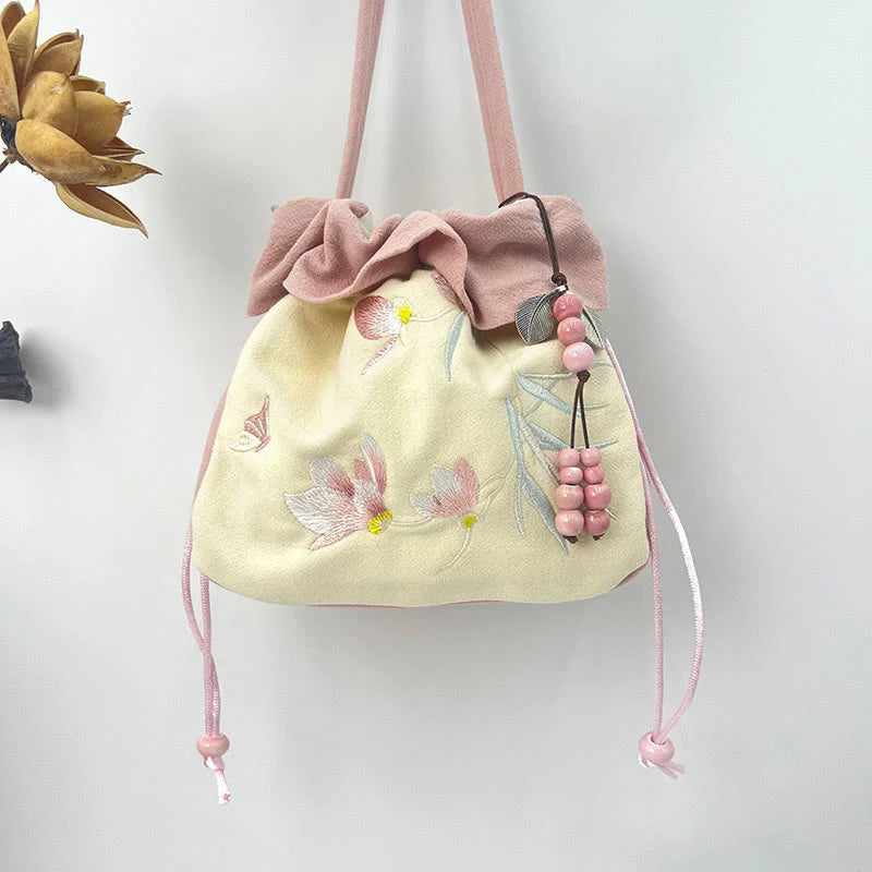 Buddha Stones Suzhou Embroidery Lotus Epiphyllum Magnolia Cotton Linen Tote Crossbody Bag Shoulder Bag Handbag