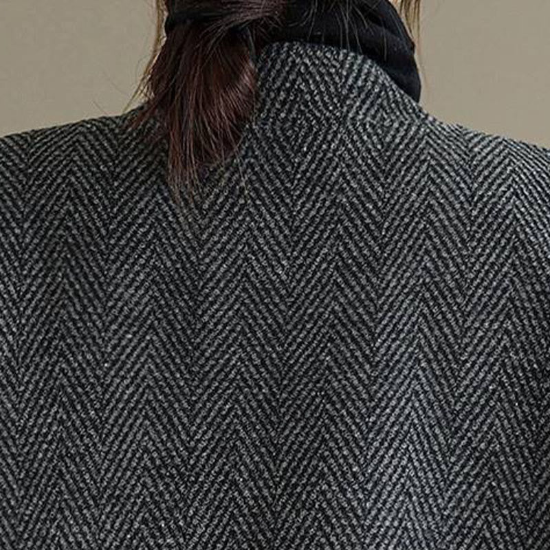 Buddha Stones Stripe V-Neck Cotton Long Sleeve Women's Coat With Pockets