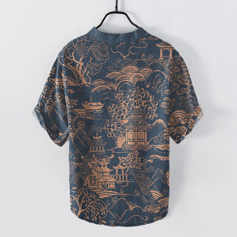Buddha Stones Cotton Nature Towers Landscape Pattern Men's Short Sleeve Half Button Shirt