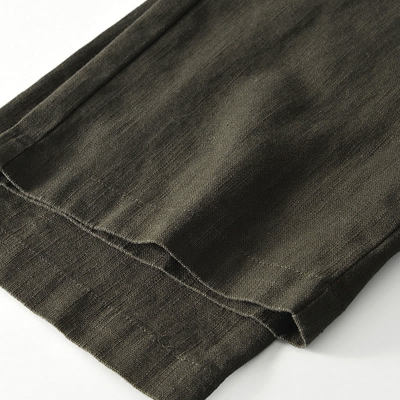 Buddha Stones Fall Solid Drawstring Zipper Men's Linen Wide Leg Pants With Pockets