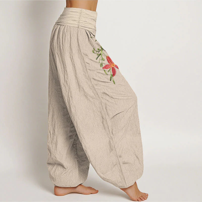 Buddha Stones Pure Cotton Brightly Colored Lilies Five-Petaled Flower Pattern Women's Elastic Waist Harem Pants