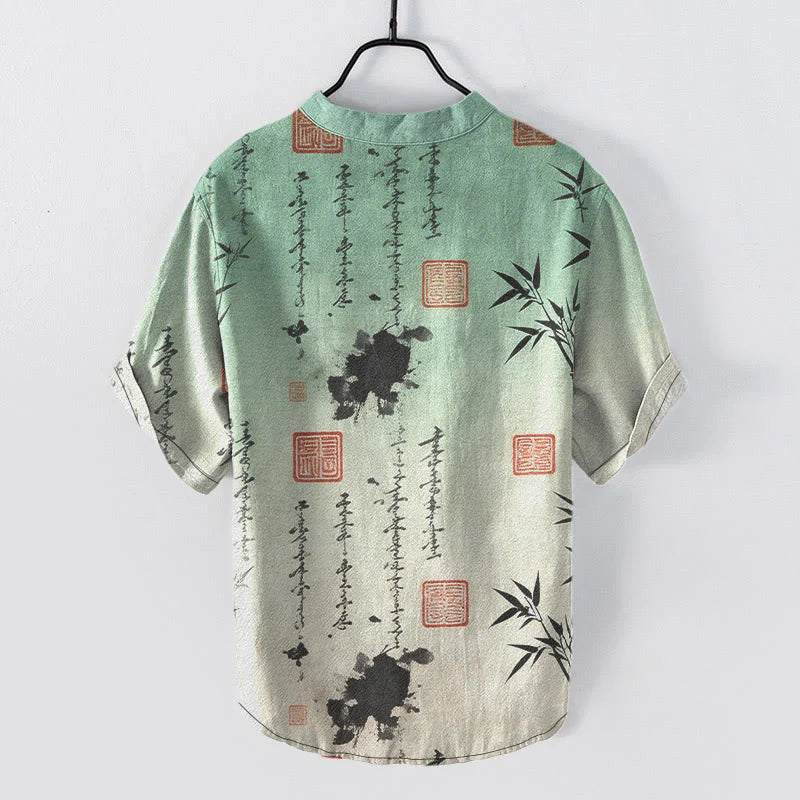 Buddha Stones Cotton Gradient Calligraphy Bamboo Ink Painting Pattern Men's Short Sleeve Half Button Shirt