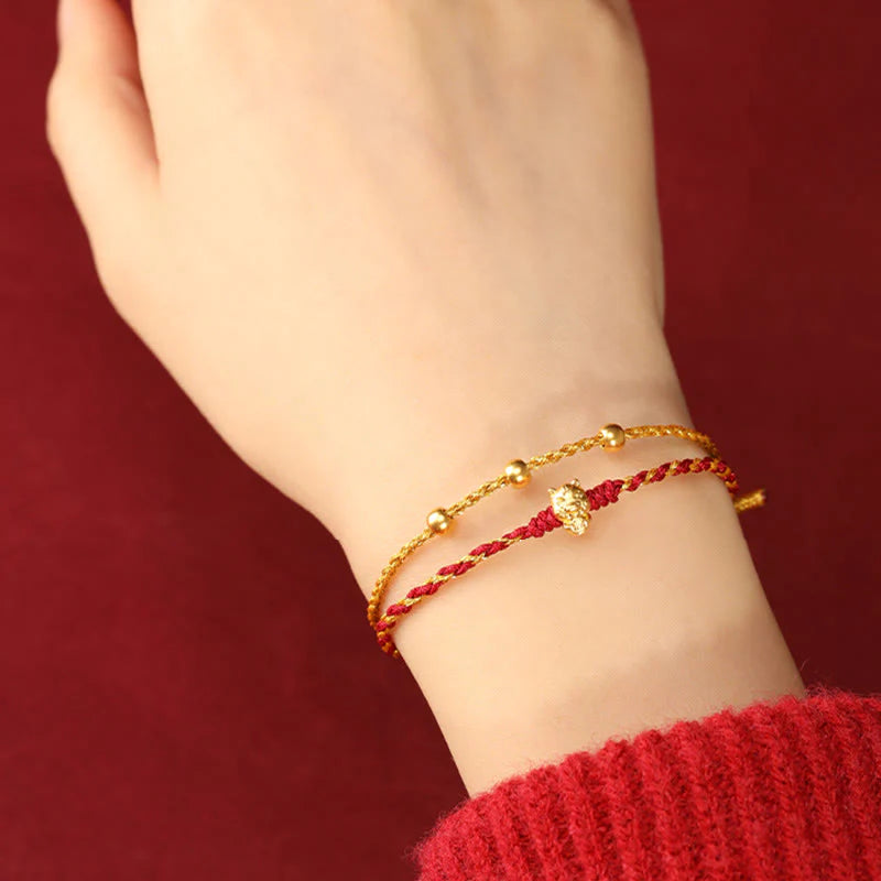 Buddha Stones 999 Gold Beads Year Of The Horse Double Wrap Golden Red String Luck Bracelet