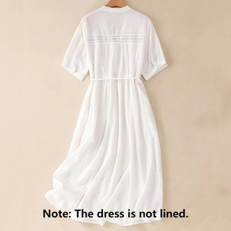Buddha Stones Summer Plain Hollow Jacquard Design Cotton Short Sleeve Midi Dress With Pockets