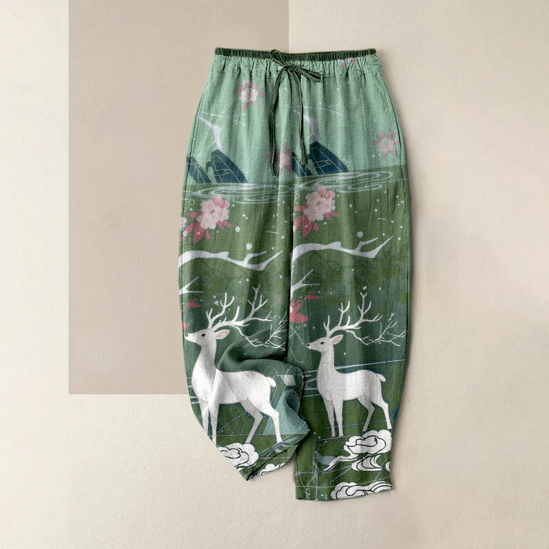 Buddha Stones Pure Cotton Pink Blossom Deer Mountain Pattern Women's Elastic Waist Pants With Pockets