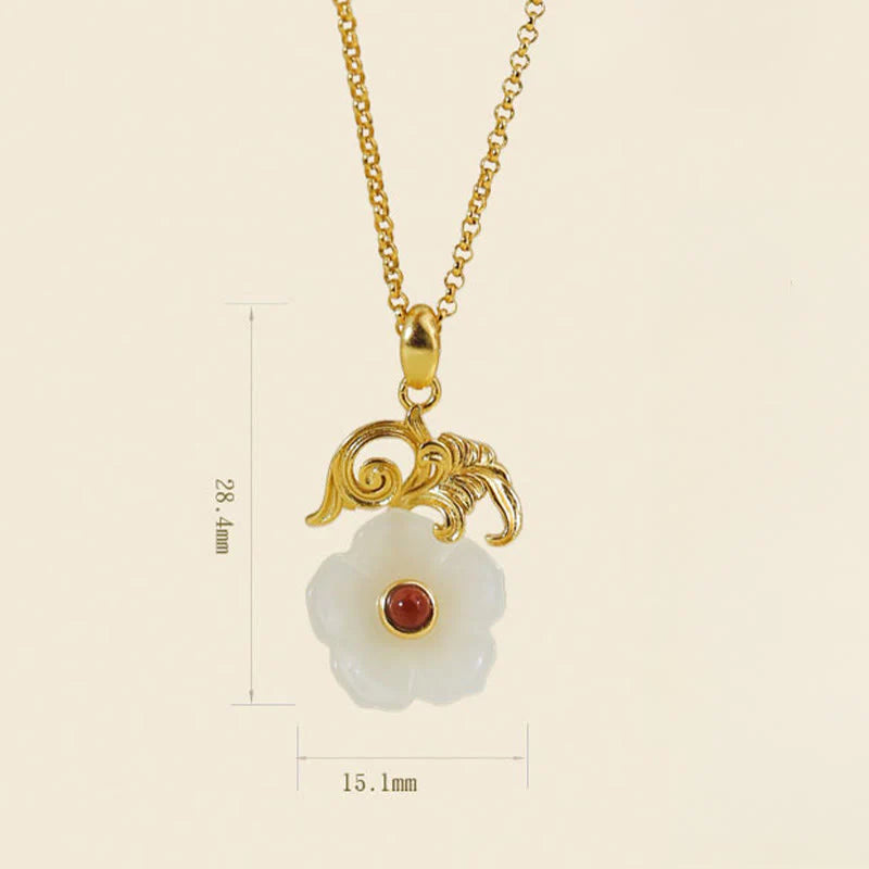 Buddha Stones Hetian Jade Flower 925 Sterling Silver Luck Necklace Pendant