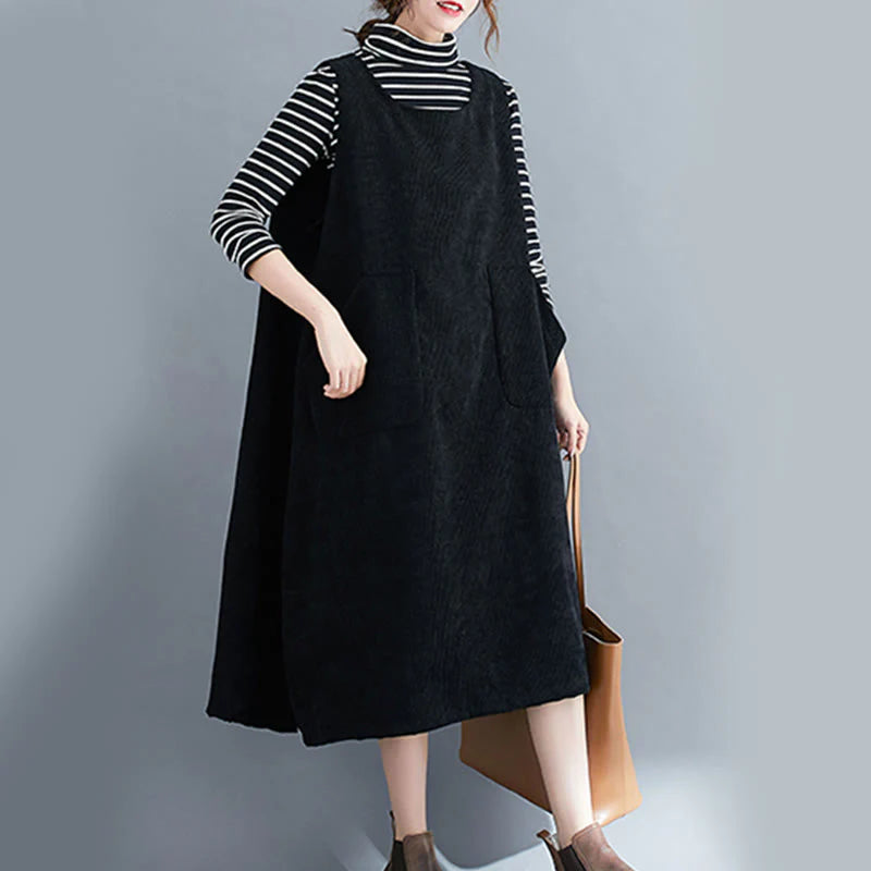 Buddha Stones Commute Crew Neck Women's Sleeveless Cotton Corduroy Midi Dress With Pockets