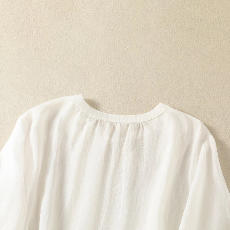 Buddha Stones Summer Embroidery Flower Lace-up Design Notched Collar Women's Short Sleeve Shirt