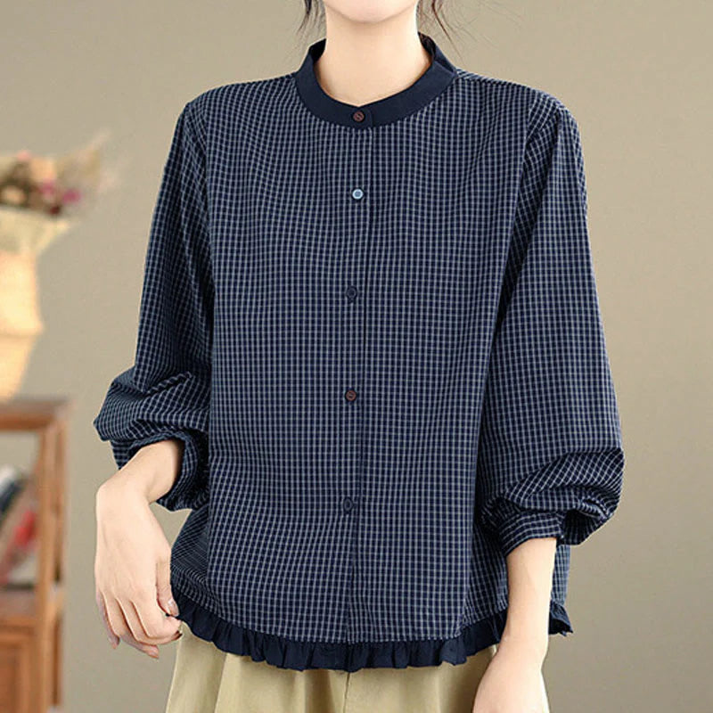 Buddha Stones Fall Plaid Striped Pattern Ruffled Hem Buttons Women's Cotton Long Sleeve Shirt