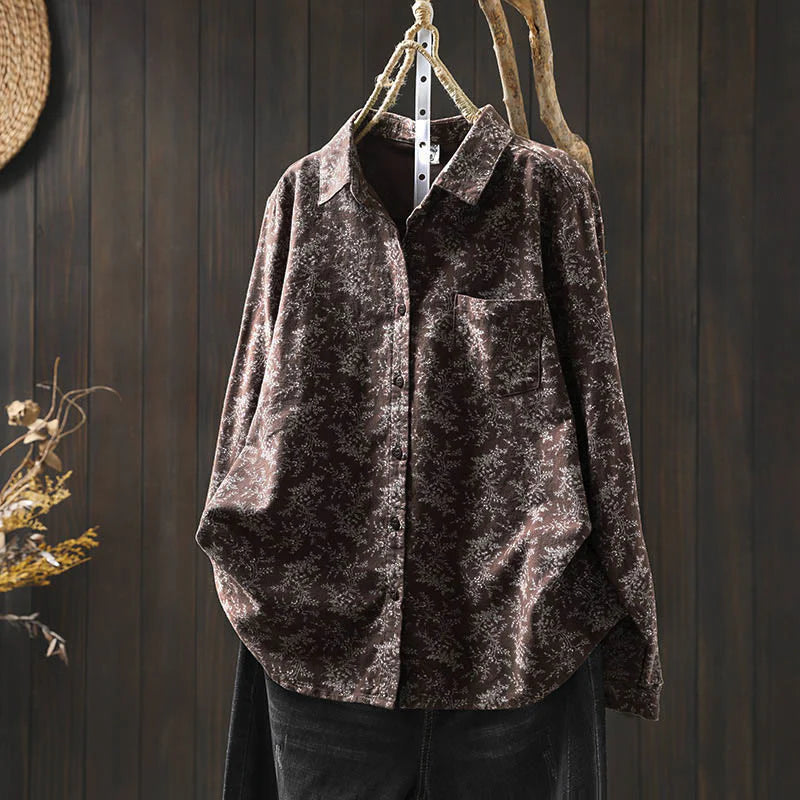 Buddha Stones Fall Floral Print Design Buttons Women's Cotton Long Sleeve Shirt