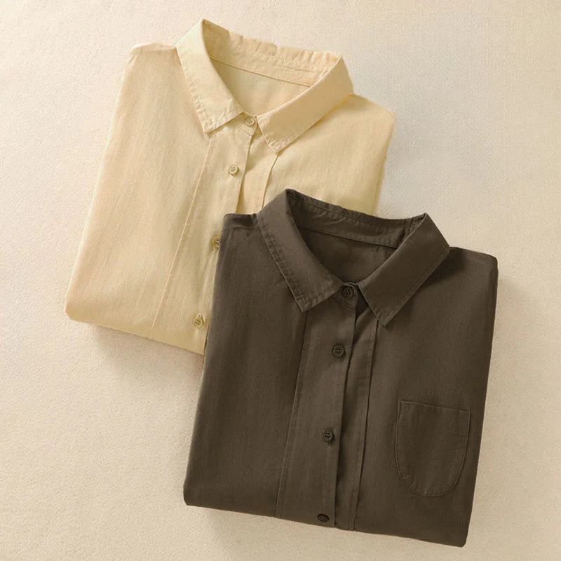 Buddha Stones Spring Lapel Long Sleeve Plain Women's Cotton Buttons Shirt With Pockets