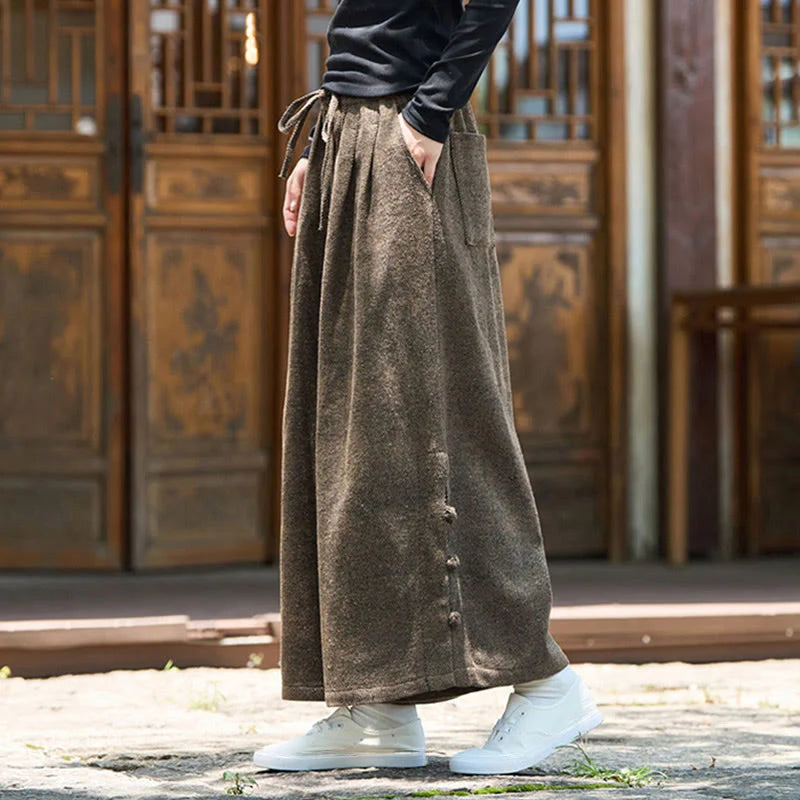 Buddha Stones Winter Chinese Frog-Button Design Corduroy Thermal Men's Wide Leg Pants With Pockets
