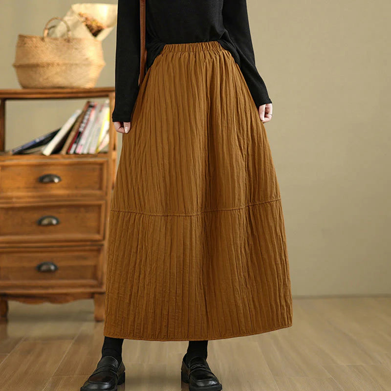 Buddha Stones Plain Pleats Design Elastic Waist Women's Thermal Skirt With Pockets