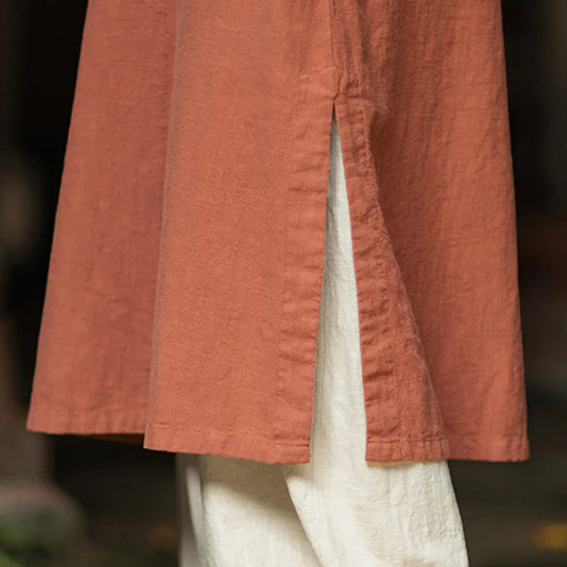 Buddha Stones Solid Frog-Button Long Sleeve Ramie Linen Midi Dress Cheongsam With Pockets
