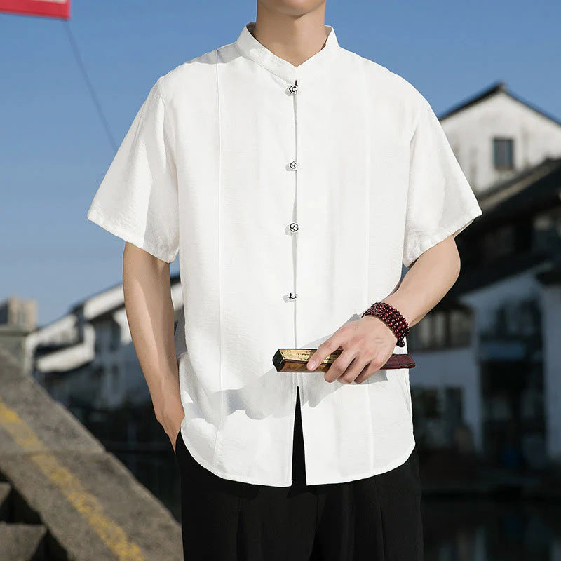 Buddha Stones Summer Solid Color Front Button Design Men's Half Sleeve Cotton Shirt
