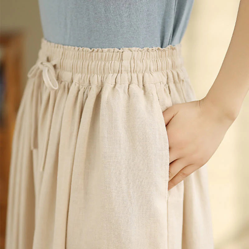Buddha Stones Spring Embroidery Lace Hem Patchwork Drawstring Design Women's Wide Leg Cotton Pants With Pockets