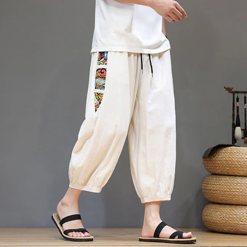 Buddha Stones Summer Tribal Side Stripe Drawstring Waist Men's Capri Tapered Pants With Pockets