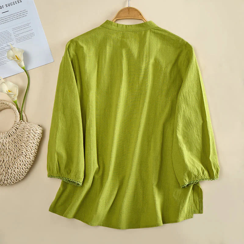 Buddha Stones Plain Crew Neck Frog-Button Long Sleeve Women's Cotton Shirt