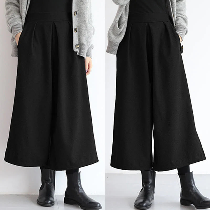 Buddha Stones Plain Elastic Waistband Design Women's 7-8 Length Wide Leg Pants With Pockets