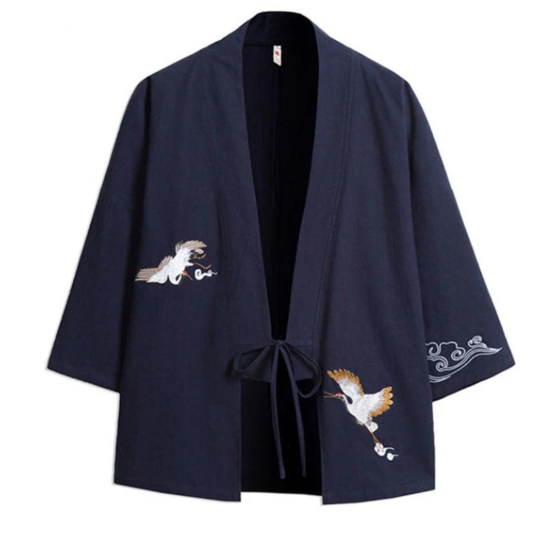 Buddha Stones Embroidery Open Front Jacket Cotton Linen Men's Three Quarter Sleeve Kimono