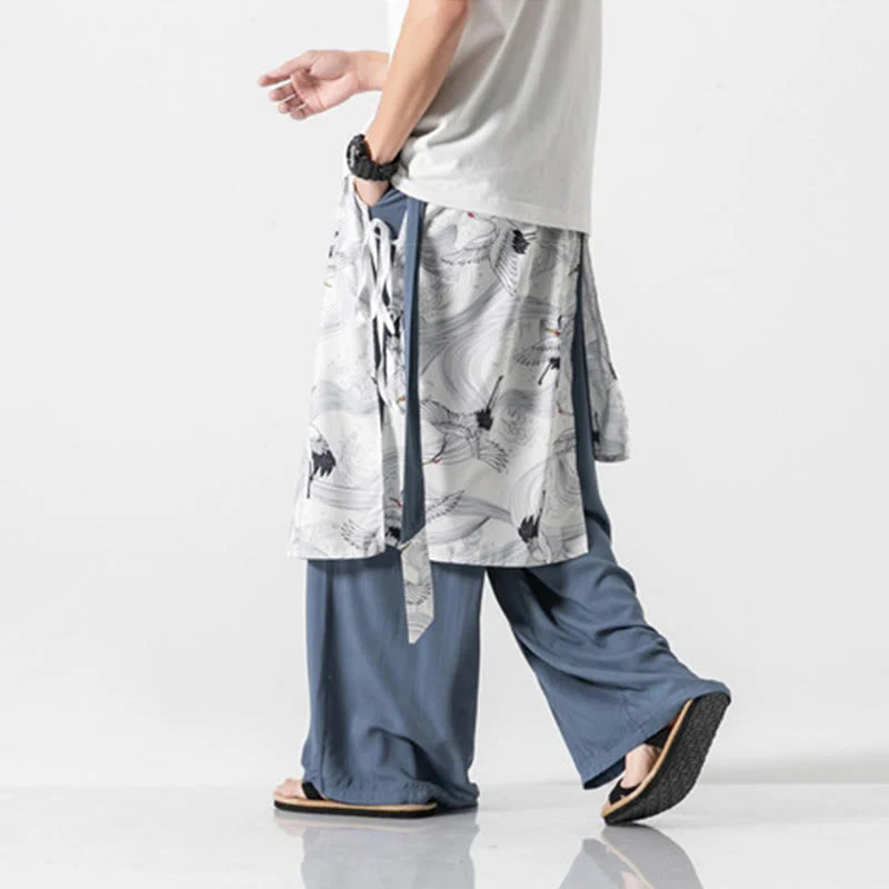 Buddha Stones Summer Flying Crane Design Cotton Men's Wide Leg Pants With Pockets