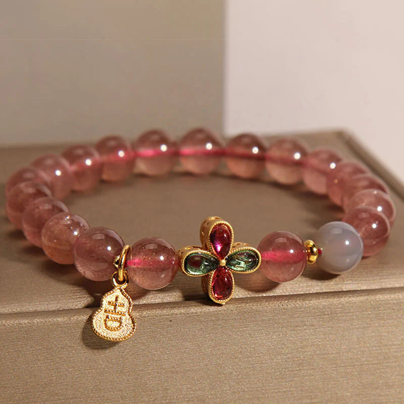 Buddha Stones Strawberry Quartz Four-leaf Clover Lucky Gourd Healing Bracelet