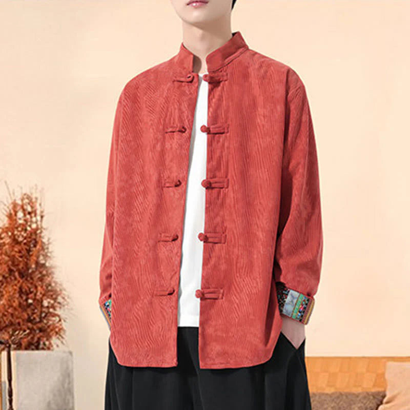 Buddha Stones Plain Plum Blossom Pattern Long Sleeve Men's Cotton Corduroy Tang Suit Jacket