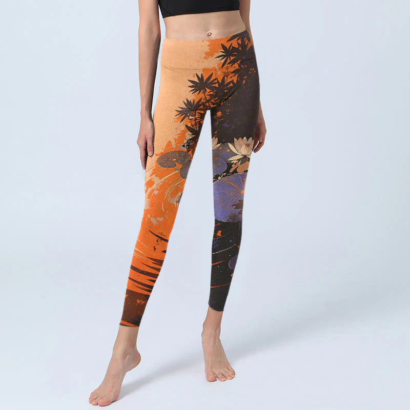 Buddha Stones Lotus Flowers Leaves Water Ripples Pattern Print Gym Leggings Women's Yoga Pants