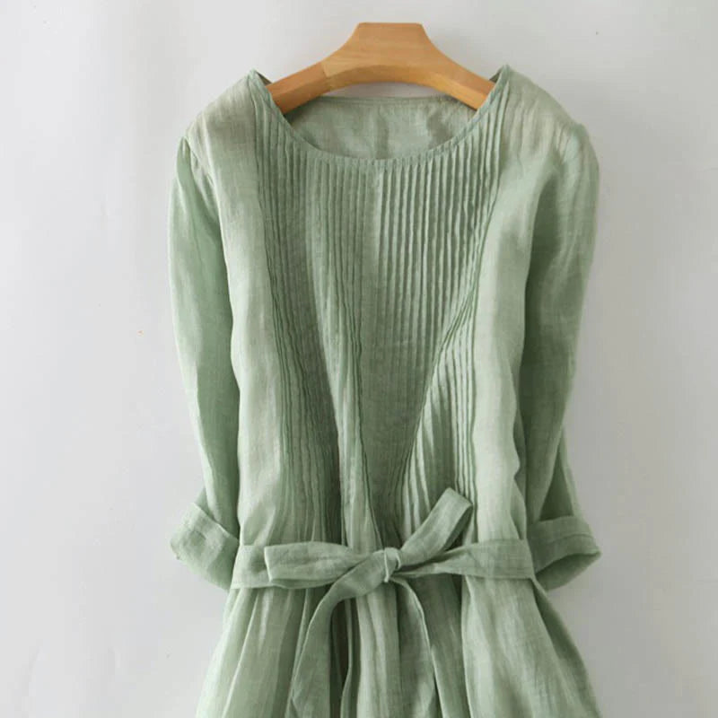 Buddha Stones Casual Lace-up Plain Crew Neck Half Sleeve Midi Dress With Pockets