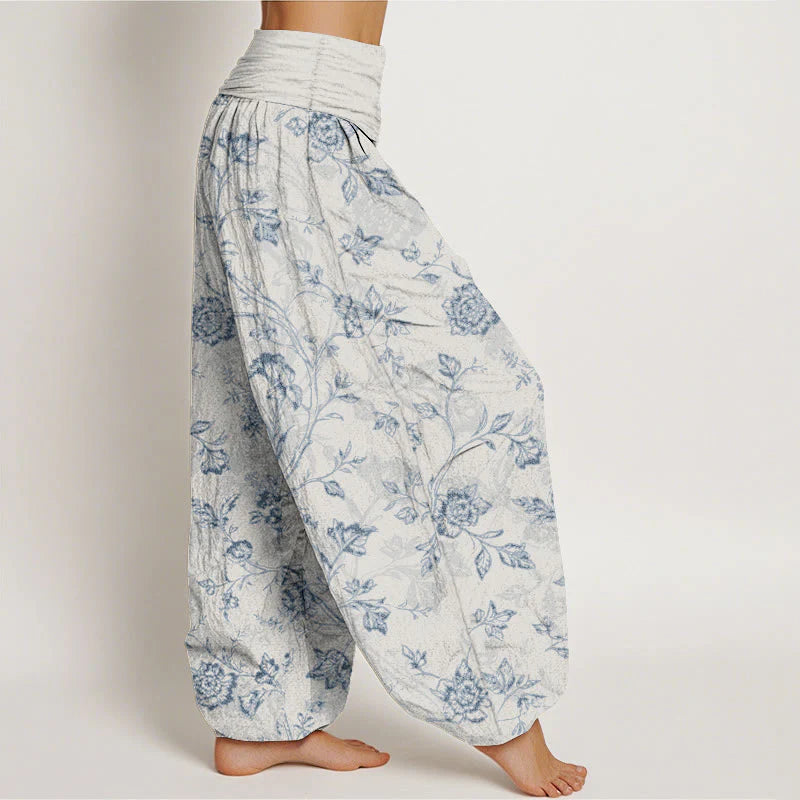 Buddha Stones Cotton Full Coverage Flowers Pattern Women's Elastic Waist Harem Pants