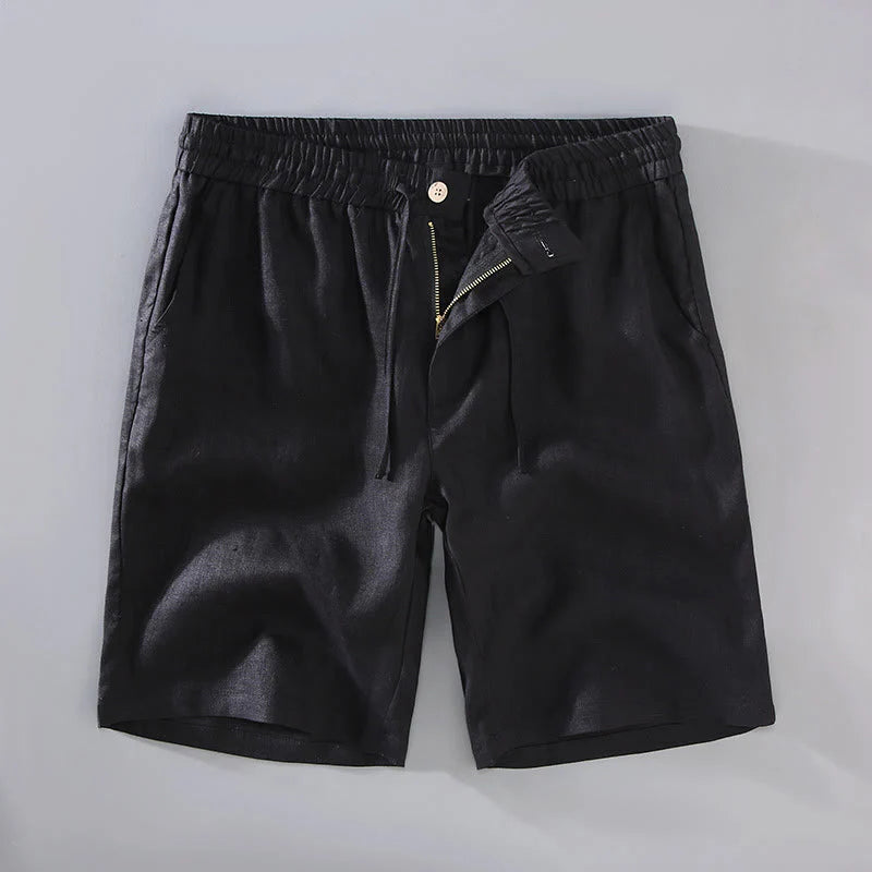 Buddha Stones Summer Solid Color Drawstring Button Design Men's Linen Shorts With Pockets