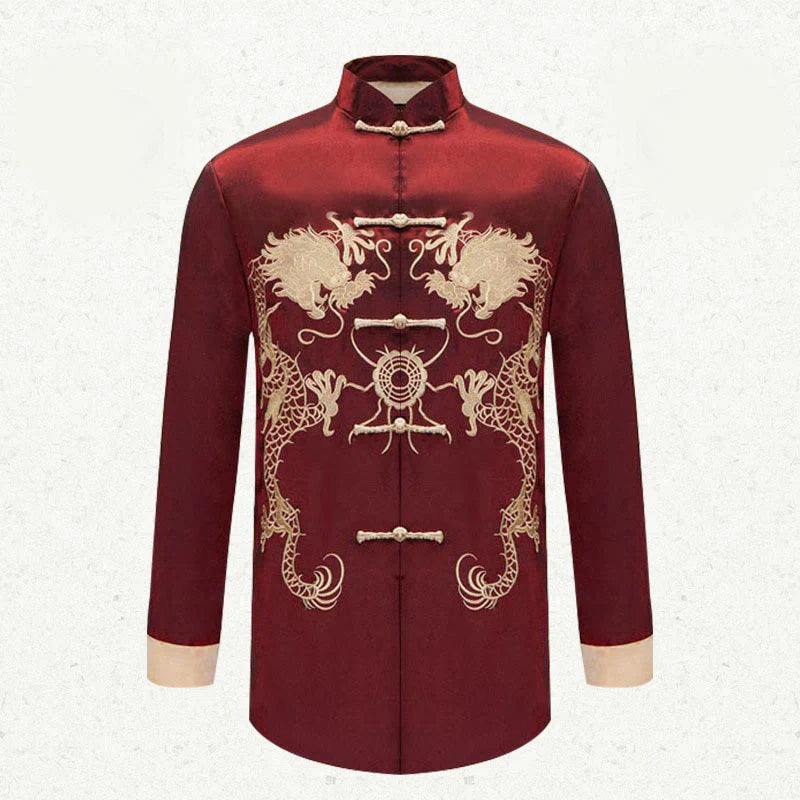 Buddha Stones Embroider Dragon Turned Sleeves Casual Frog-button Polyester Fiber Men's Jacket Shirt Pants Clothing