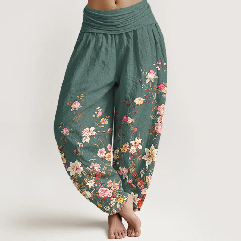 Buddha Stones Pure Cotton Exquisite Colorful Flower Pattern Women's Elastic Waist Harem Pants