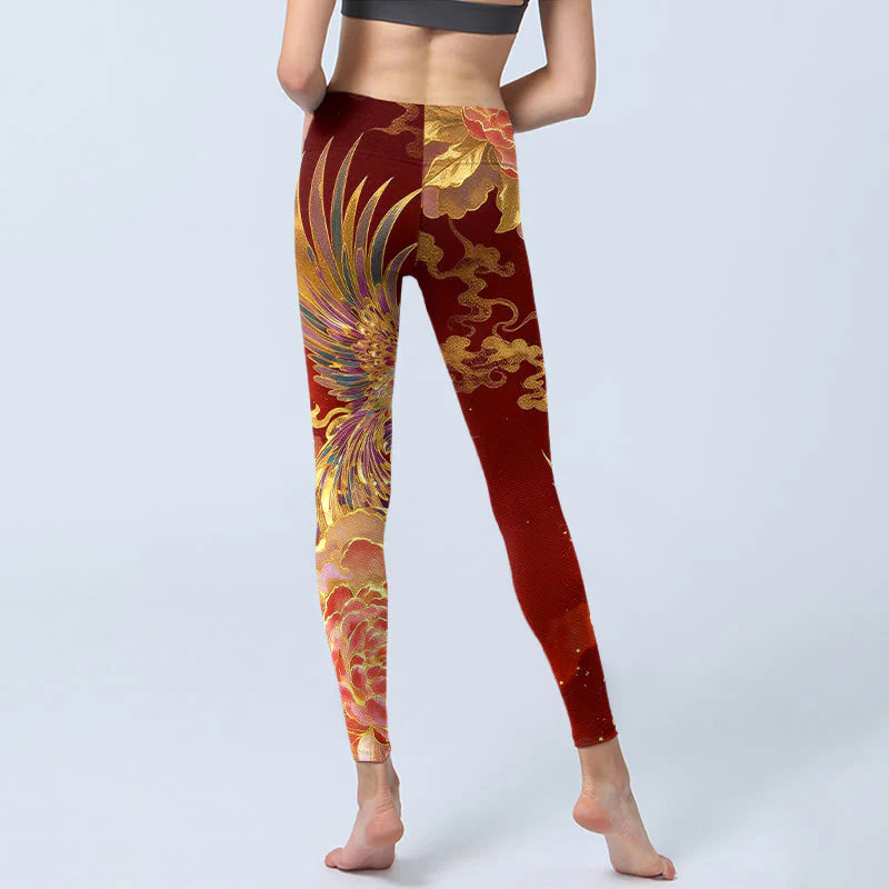 Buddha Stones Gorgeous Phoenix Peony Cloud Pattern Print Gym Leggings Women's Yoga Pants