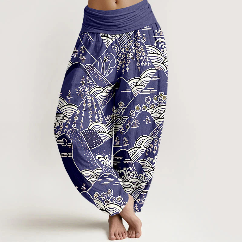 Buddha Stones Printed Mountains Waves Floral Pattern Women's Elastic Waist Harem Pure Cotton Pants