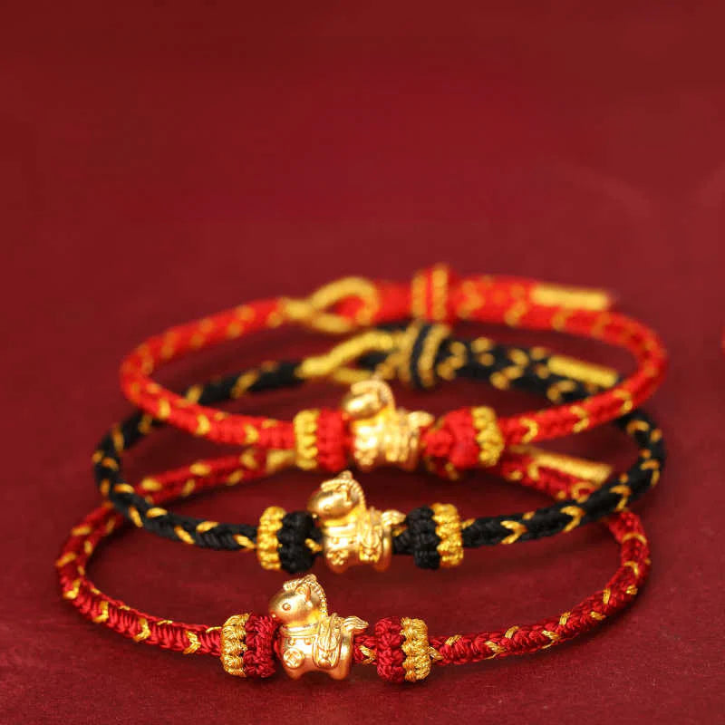 Buddha Stones 999 Gold Year Of The Horse Braided String Rope Luck Adjustable Bracelet